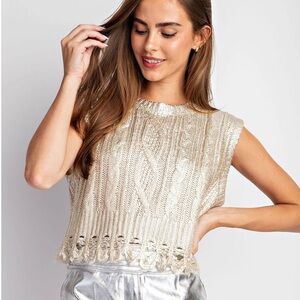 Elegant Gold Metallic Knit Sleeveless Top